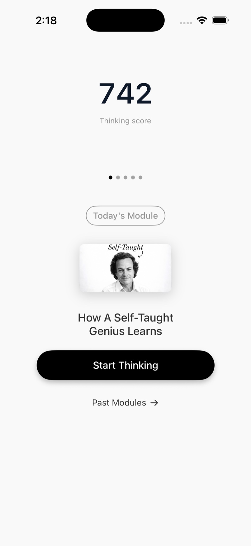 Thinker home screen showing a thinking score of 742 and today's learning module