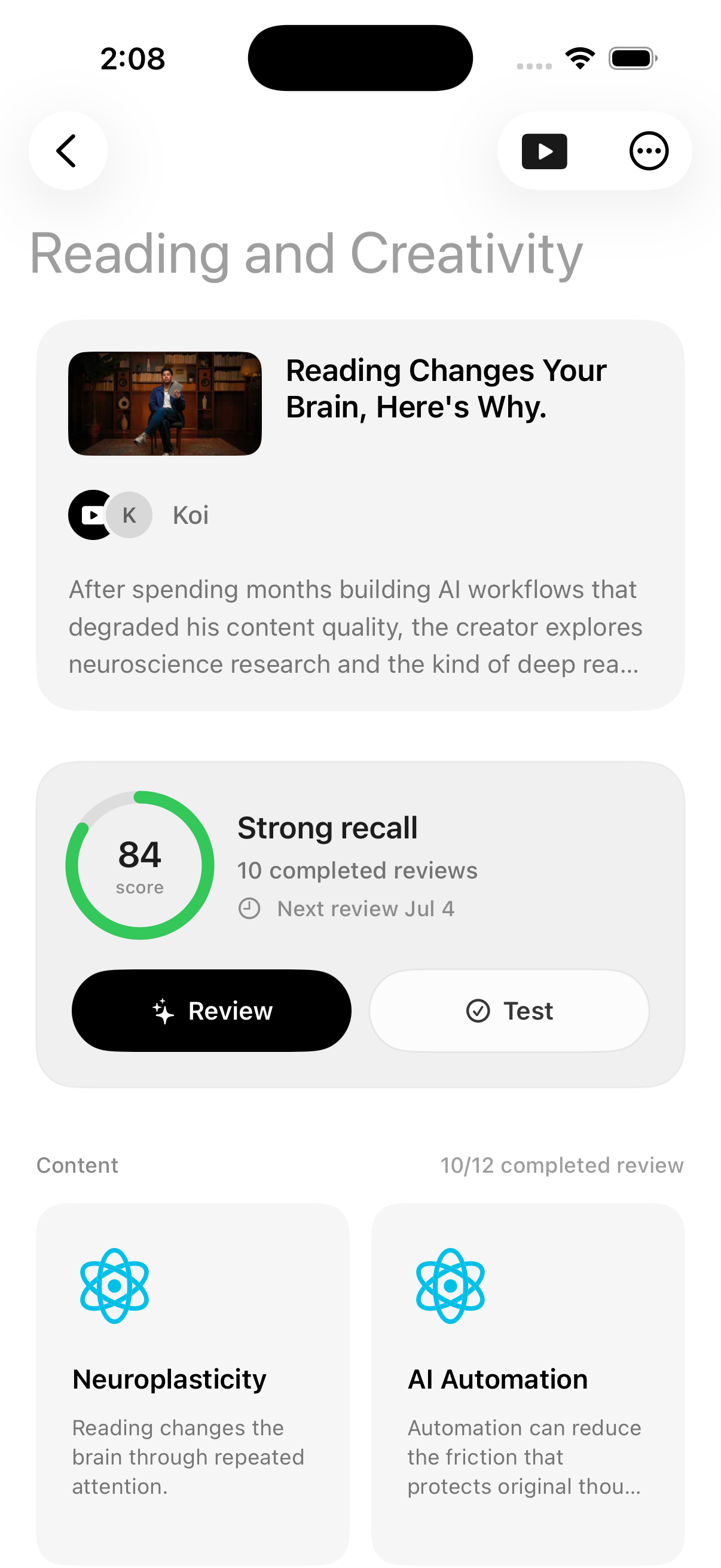 Thinker review screen showing recall score, review and test actions, and completed content