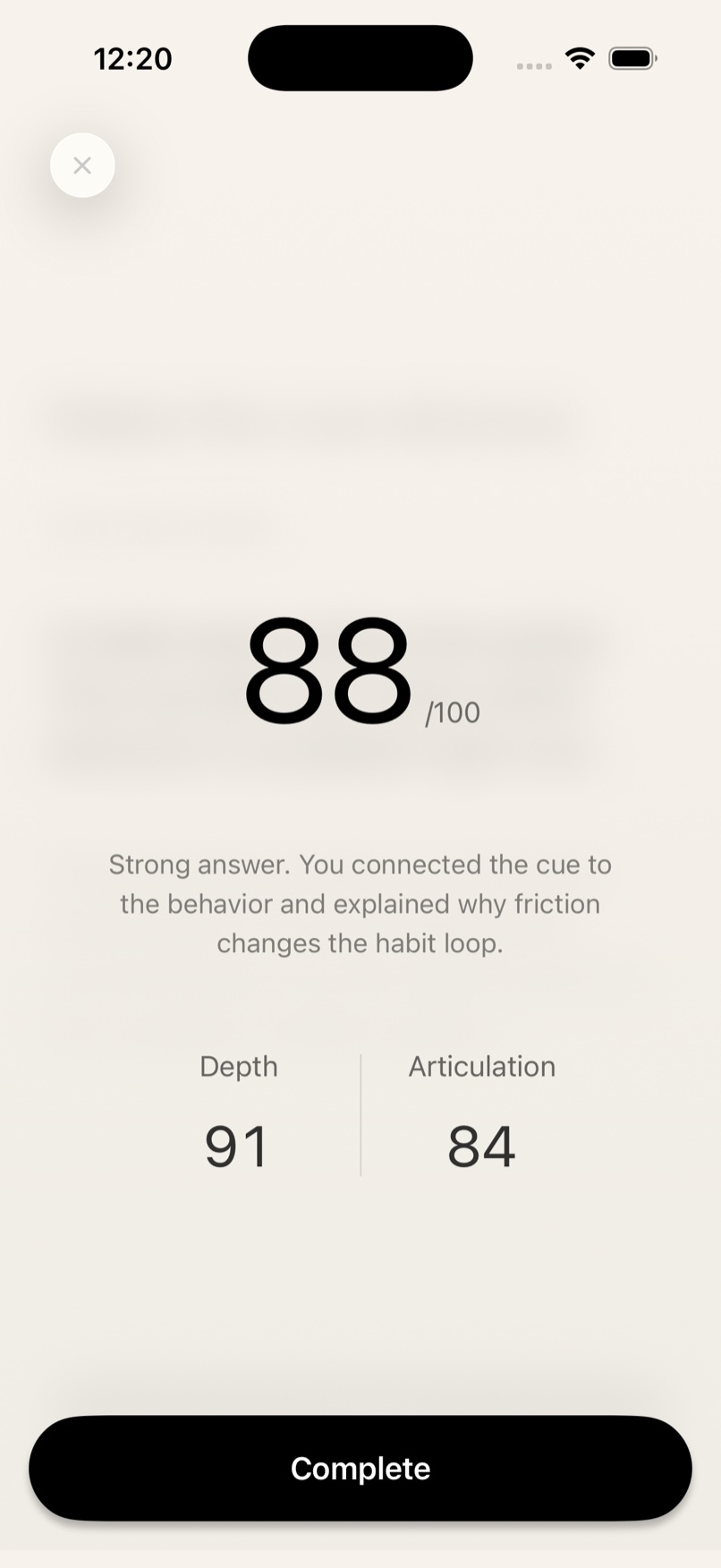 Thinker score screen showing an understanding score